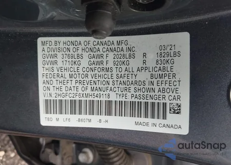 2021 Honda Civic Lx z USA, uszkodzony, nr VIN 2HGFC2F6XMH549118